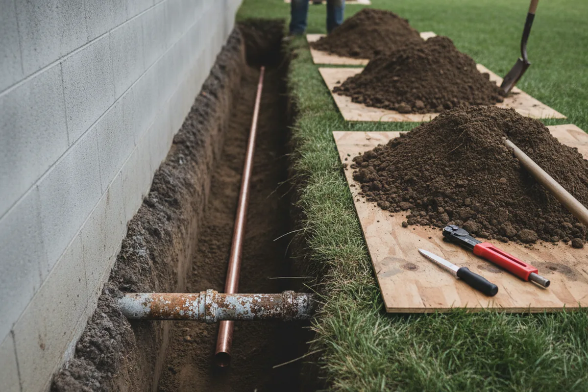 Excavated water line trench during Water Heater Repair in Claiborne